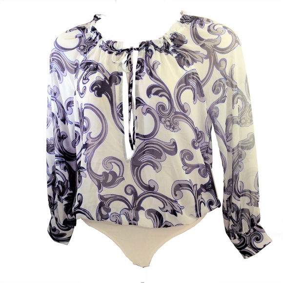 EXPRESS Tie Neck Sheer Blouse Bodysuit Deep V Neck - Picture 5 of 7